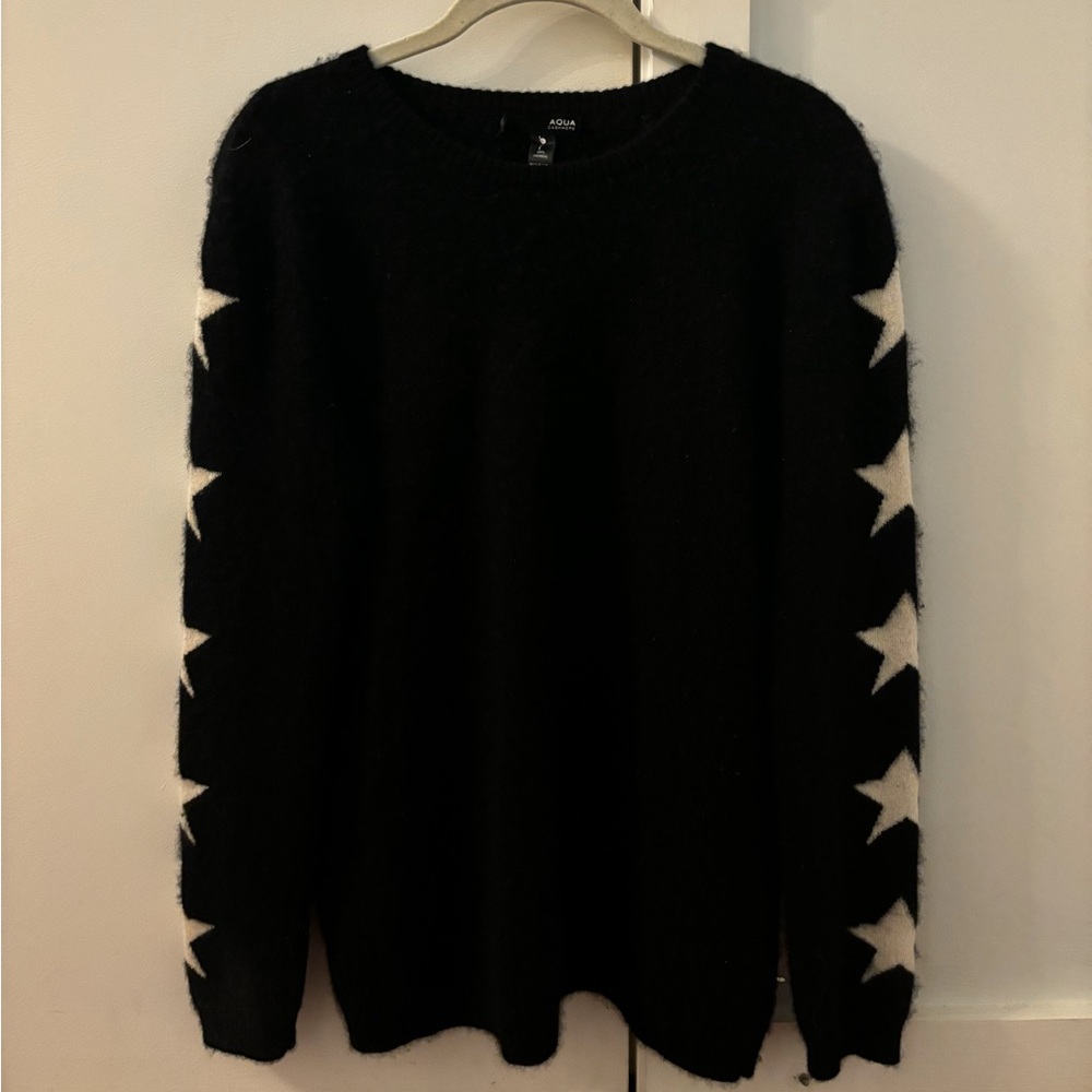 Black cashmere aqua sweater with white stars on the sleeves